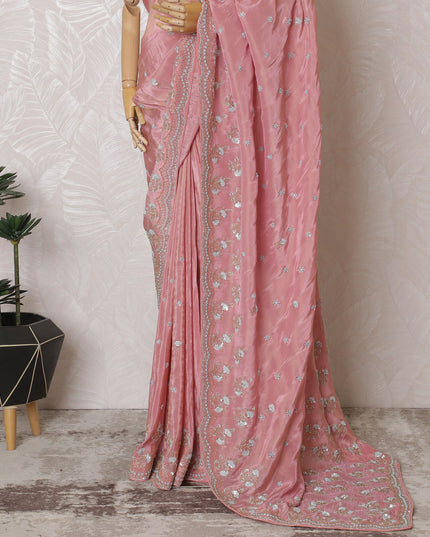 Blush Blooms: Delicate Synthetic Crepe Saree in Pastel Pink with Sparkling Motifs-D17504