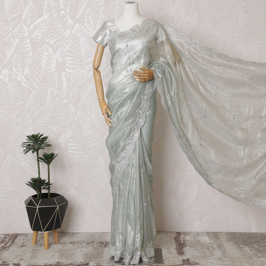 Silver Serenity: Glistening Synthetic Organza Saree with Luxe Embellishments-D17507