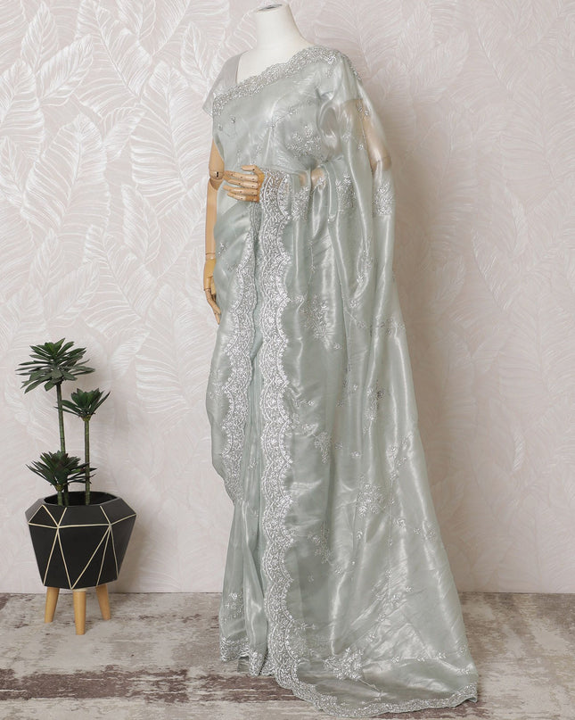 Silver Serenity: Glistening Synthetic Organza Saree with Luxe Embellishments-D17507