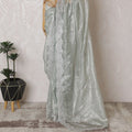 Silver Serenity: Glistening Synthetic Organza Saree with Luxe Embellishments-D17507