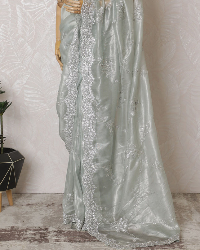 Silver Serenity: Glistening Synthetic Organza Saree with Luxe Embellishments-D17507