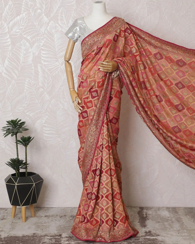 Crimson Elegance: Regal Synthetic Georgette Saree with Golden Accents-D17508 Regal Fabrics