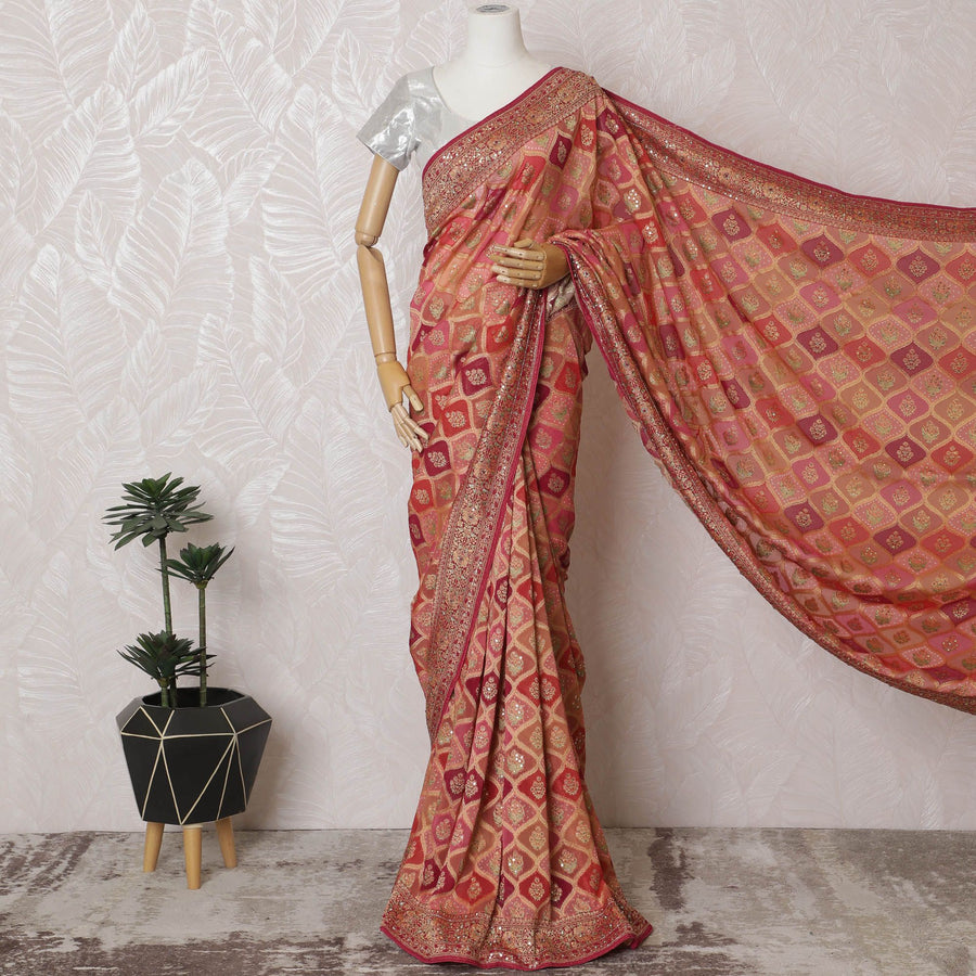 Crimson Elegance: Regal Synthetic Georgette Saree with Golden Accents-D17508