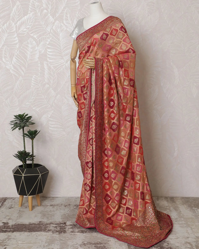 Crimson Elegance: Regal Synthetic Georgette Saree with Golden Accents-D17508 Regal Fabrics