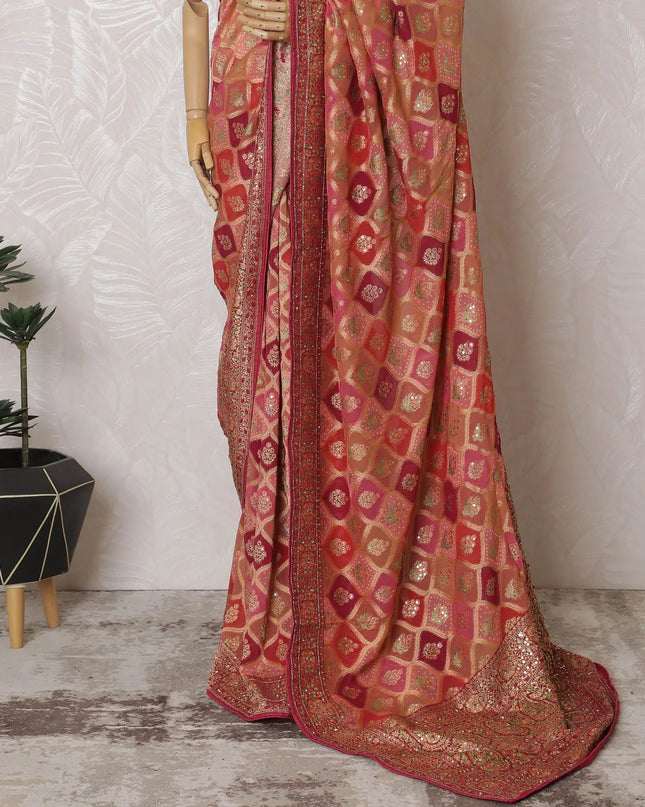 Crimson Elegance: Regal Synthetic Georgette Saree with Golden Accents-D17508 Regal Fabrics