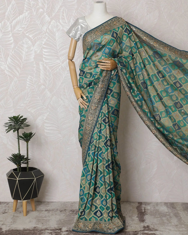 Exquisite Teal Georgette Saree with Unstitched Blouse-D17509 Regal Fabrics