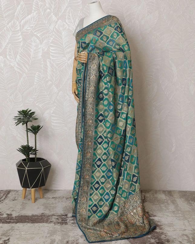 Exquisite Teal Georgette Saree with Unstitched Blouse-D17509 Regal Fabrics