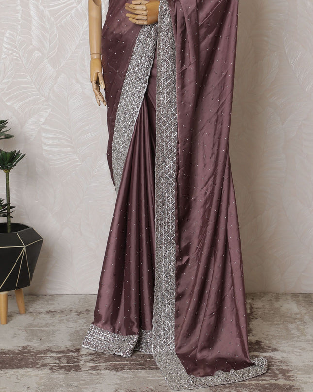 Mauve Mystique: Luxurious Synthetic Satin Saree with Silver Highlights-D17510