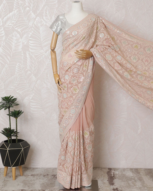 Whimsical Pastel: Delicate Floral Saree with Intricate Embroidery-D17514