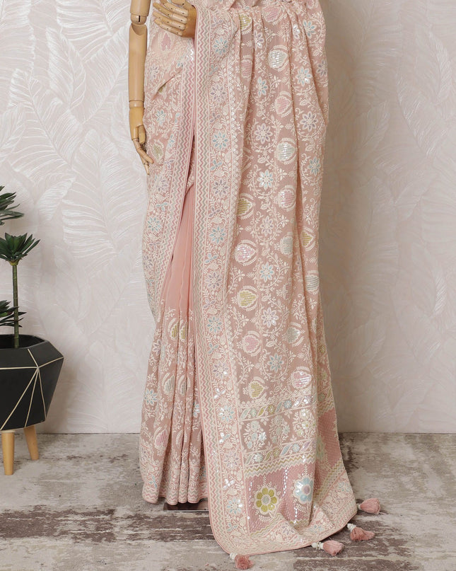 Whimsical Pastel: Delicate Floral Saree with Intricate Embroidery-D17514