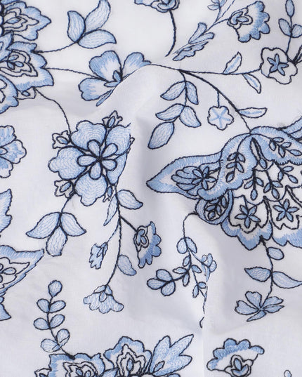 Azure Botanic Embroidered Cotton Voile Fabric - 110cm Width-D17558