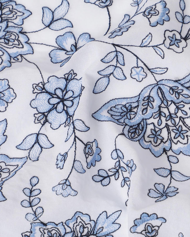 Azure Botanic Embroidered Cotton Voile Fabric - 110cm Width-D17558