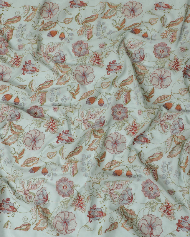 قماش فوال قطن مزين بالورود باللون الأخضر الغار - عرض 110 سم -D17560