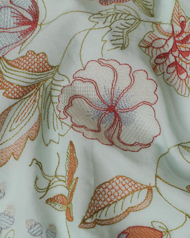 قماش فوال قطن مزين بالورود باللون الأخضر الغار - عرض 110 سم -D17560