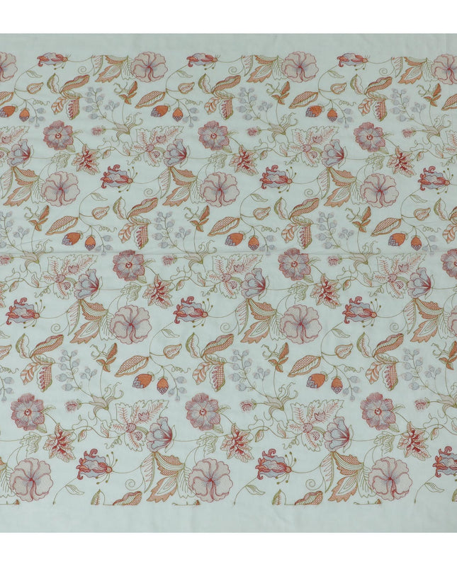 قماش فوال قطن مزين بالورود باللون الأخضر الغار - عرض 110 سم -D17560