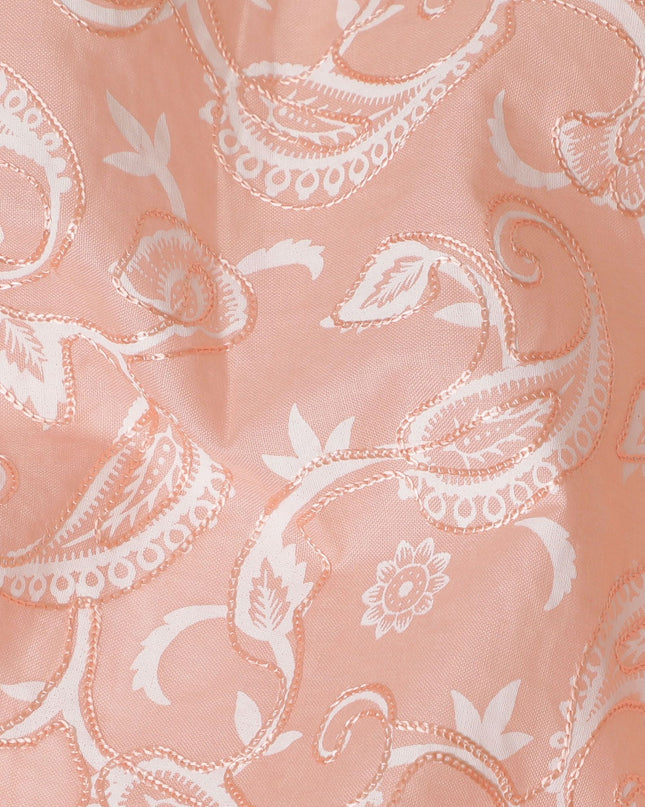 Peach Paisley Elegance Embroidered Cotton Voile Fabric - Exquisite 110cm-D17574