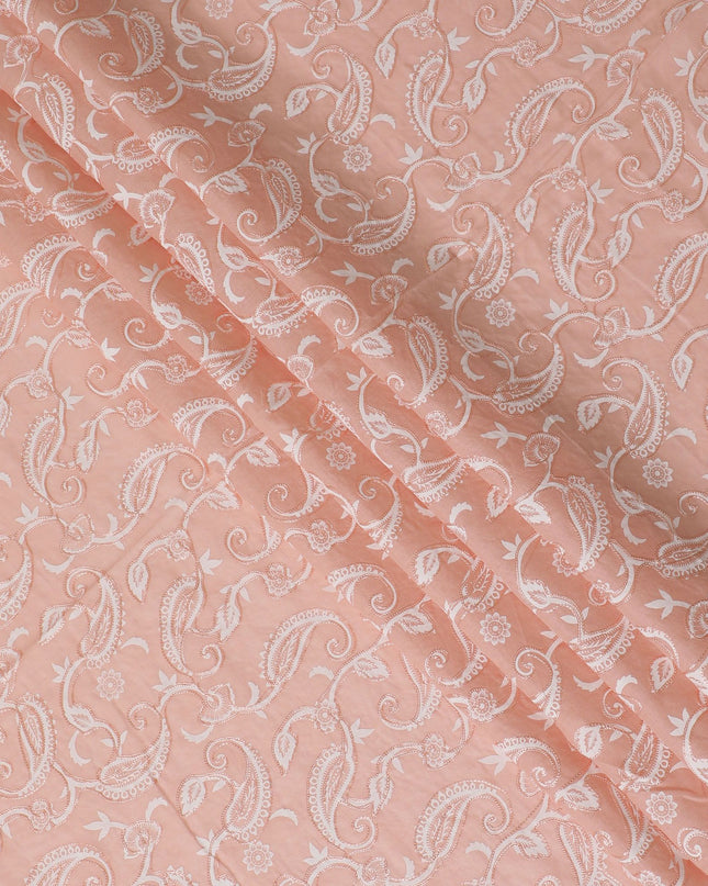 Peach Paisley Elegance Embroidered Cotton Voile Fabric - Exquisite 110cm-D17574