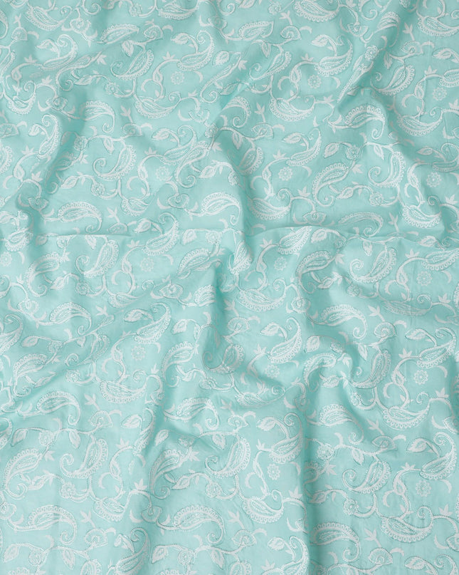 Aqua Flourish Embroidered Cotton Voile Fabric - Refreshing 110cm-D17576