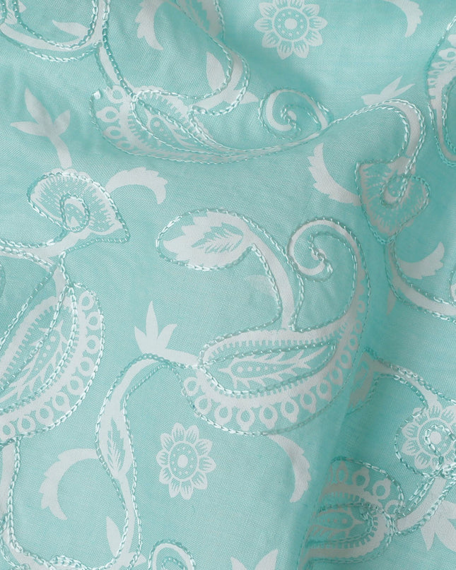 Aqua Flourish Embroidered Cotton Voile Fabric - Refreshing 110cm-D17576