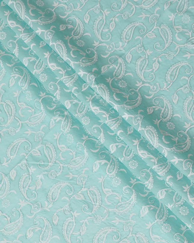 Aqua Flourish Embroidered Cotton Voile Fabric - Refreshing 110cm-D17576