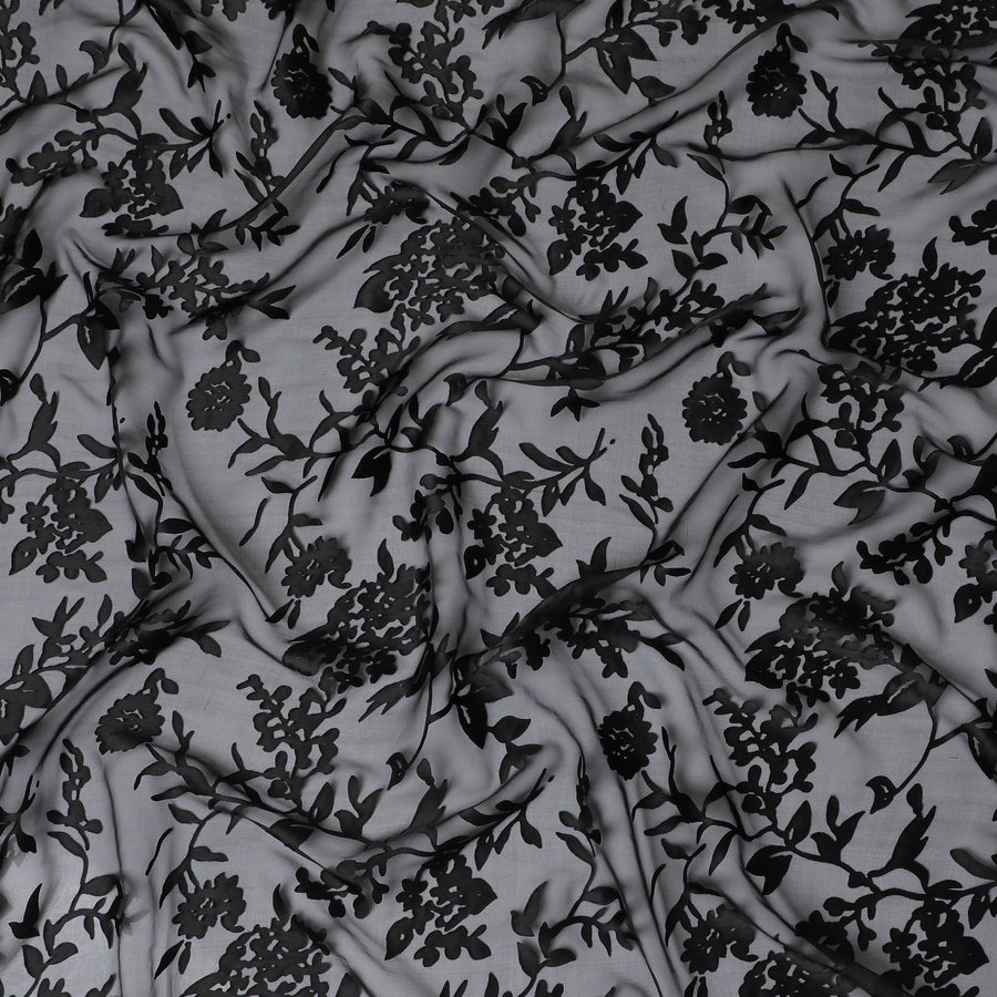 Sophisticated Black Floral Premium pure silk Jacquard Chiffon Fabric, 110cm - South Korean Luxury Textile-D17666