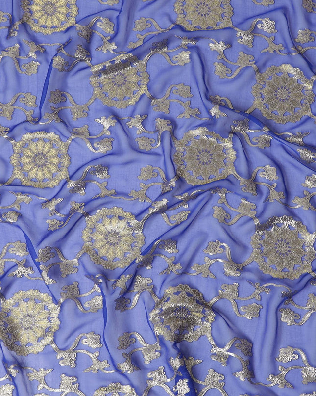 قماش شيفون من الحرير الخالص الفاخر باللون الأزرق الملكي مع لمسات معدنية، بعرض 110 سم - نسيج كوري جنوبي فاخر-D17671