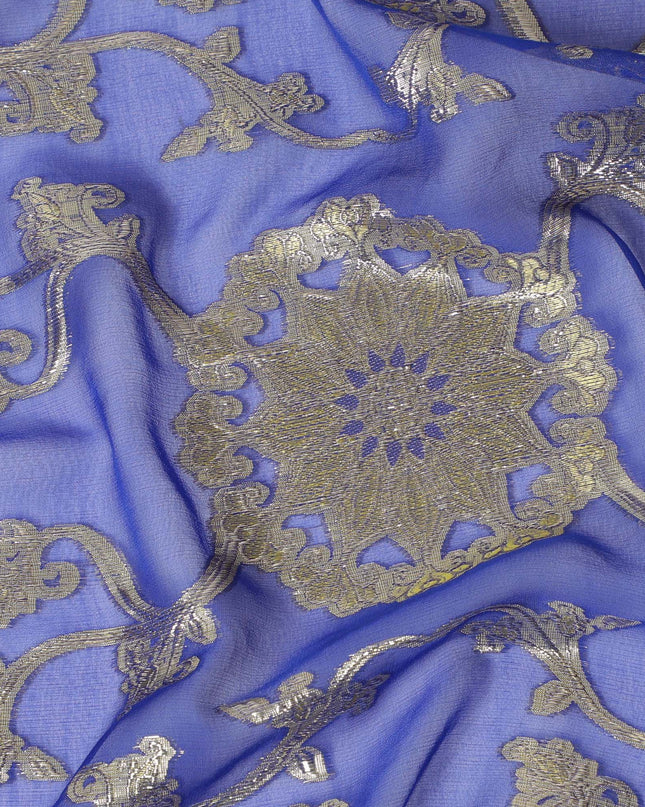 قماش شيفون من الحرير الخالص الفاخر باللون الأزرق الملكي مع لمسات معدنية، بعرض 110 سم - نسيج كوري جنوبي فاخر-D17671