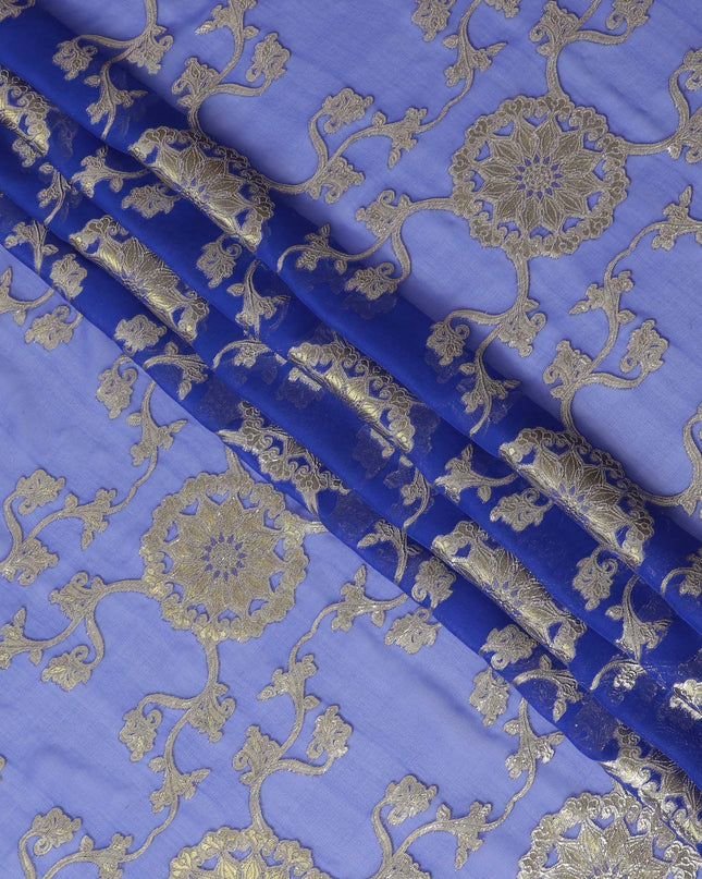 قماش شيفون من الحرير الخالص الفاخر باللون الأزرق الملكي مع لمسات معدنية، بعرض 110 سم - نسيج كوري جنوبي فاخر-D17671