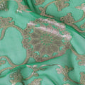 قماش شيفون حرير خالص فاخر بيزلي أخضر زمردي مع لمسات فضية، بعرض 110 سم - نسيج كوري جنوبي رائع-D17672