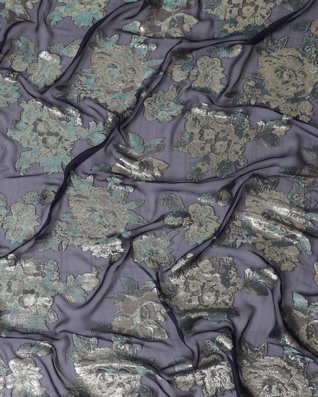 قماش شيفون حرير نقي فاخر باللون الأسود الجرافيتي مع لوركس معدني ذهبي، عرض 110 سم - نسيج فاخر من كوريا الجنوبية - D17676