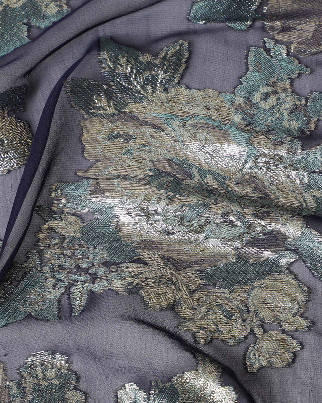 قماش شيفون حرير نقي فاخر باللون الأسود الجرافيتي مع لوركس معدني ذهبي، عرض 110 سم - نسيج فاخر من كوريا الجنوبية - D17676