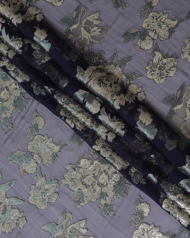 قماش شيفون حرير نقي فاخر باللون الأسود الجرافيتي مع لوركس معدني ذهبي، عرض 110 سم - نسيج فاخر من كوريا الجنوبية - D17676