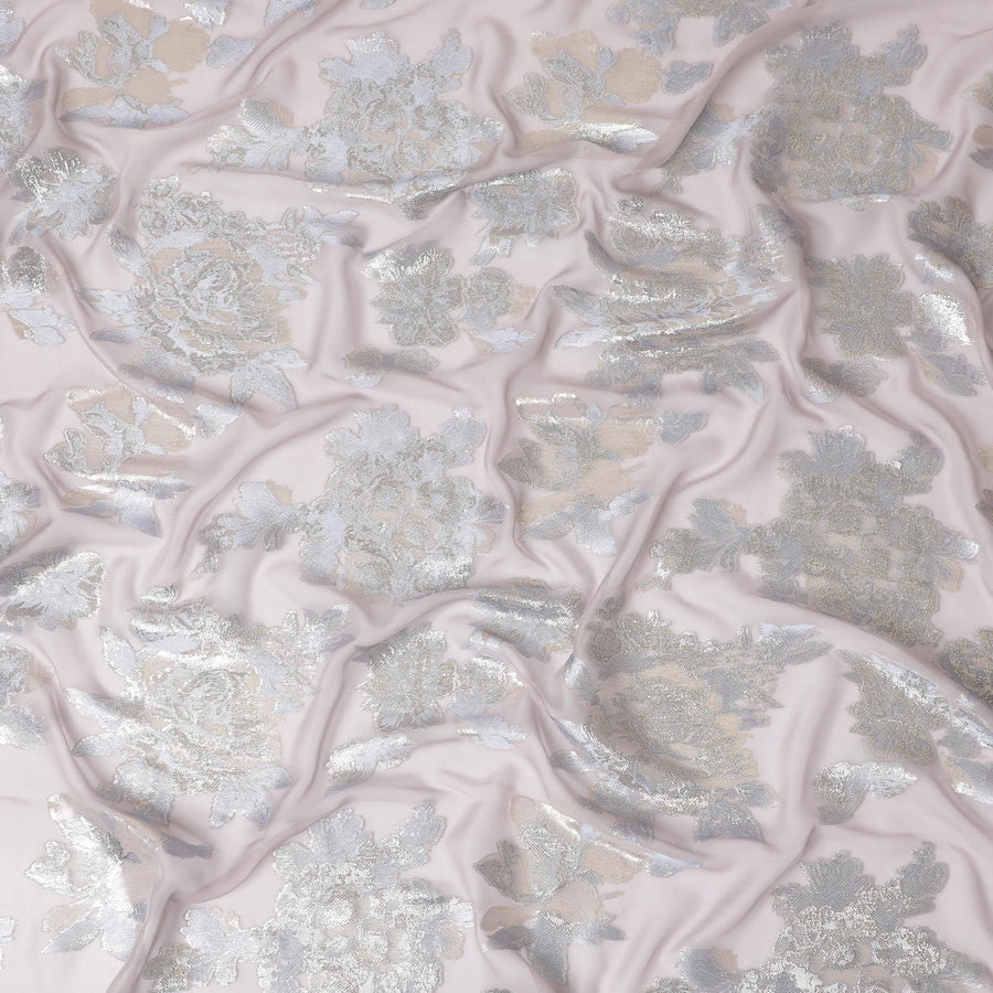 قماش شيفون حرير نقي فاخر من روز مع لوركس معدني ذهبي مع لمسات فضية وذهبية، عرض 110 سم - نسيج كوري جنوبي فخم - D17678