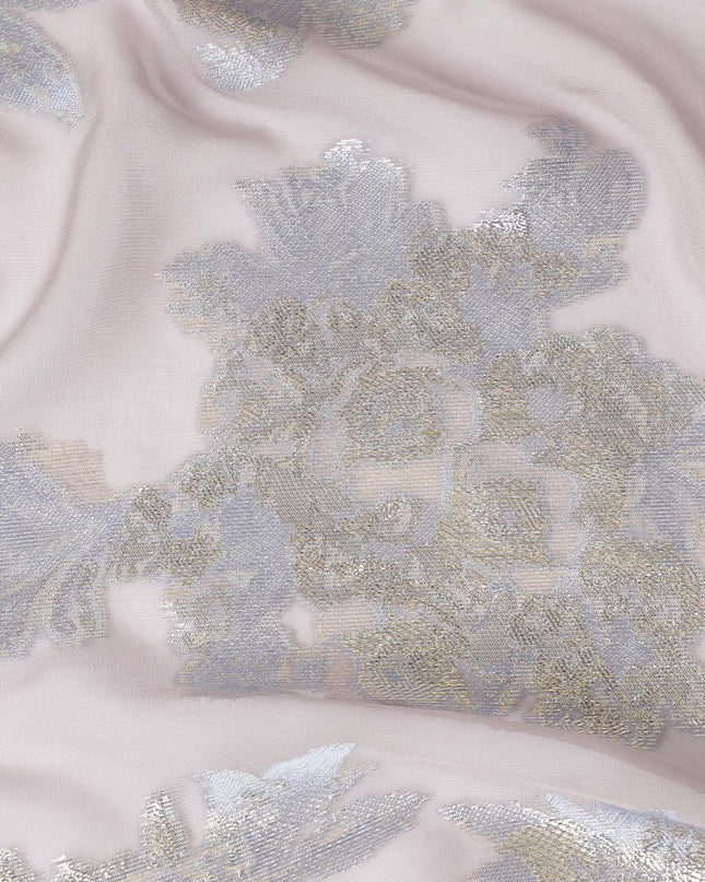 قماش شيفون حرير نقي فاخر من روز مع لوركس معدني ذهبي مع لمسات فضية وذهبية، عرض 110 سم - نسيج كوري جنوبي فخم - D17678