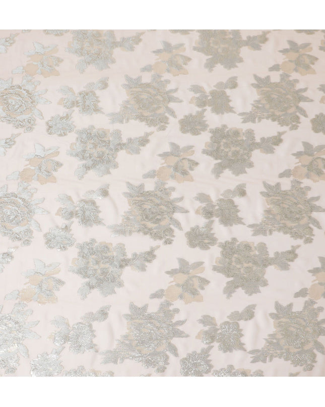 قماش شيفون حرير نقي فاخر مزين بزهور ذهبية لؤلؤية مع لوريكس معدني ذهبي، عرض 110 سم - نسيج كوري جنوبي ساحر - D17680