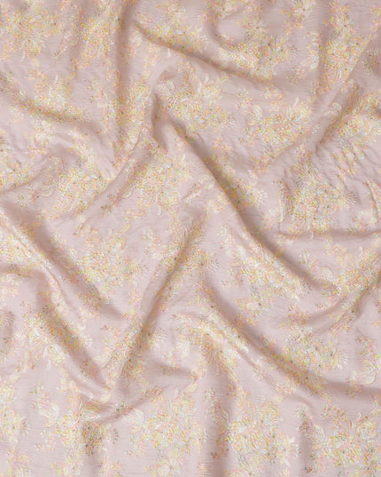 Blush  pink Premium Tussar Silk Fabric with Pastel Embroidery, 110cm Wide – Authentic Indian Textile-D17683