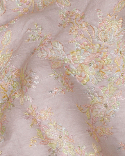 Blush  pink Premium Tussar Silk Fabric with Pastel Embroidery, 110cm Wide – Authentic Indian Textile-D17683