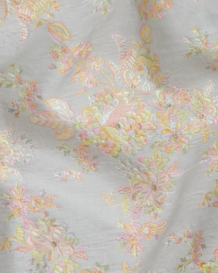 قماش حرير توسار الفاخر المطرز باللون الرمادي الباستيل، عرض 110 سم - أناقة النسيج الهندي الأصيل - D17684