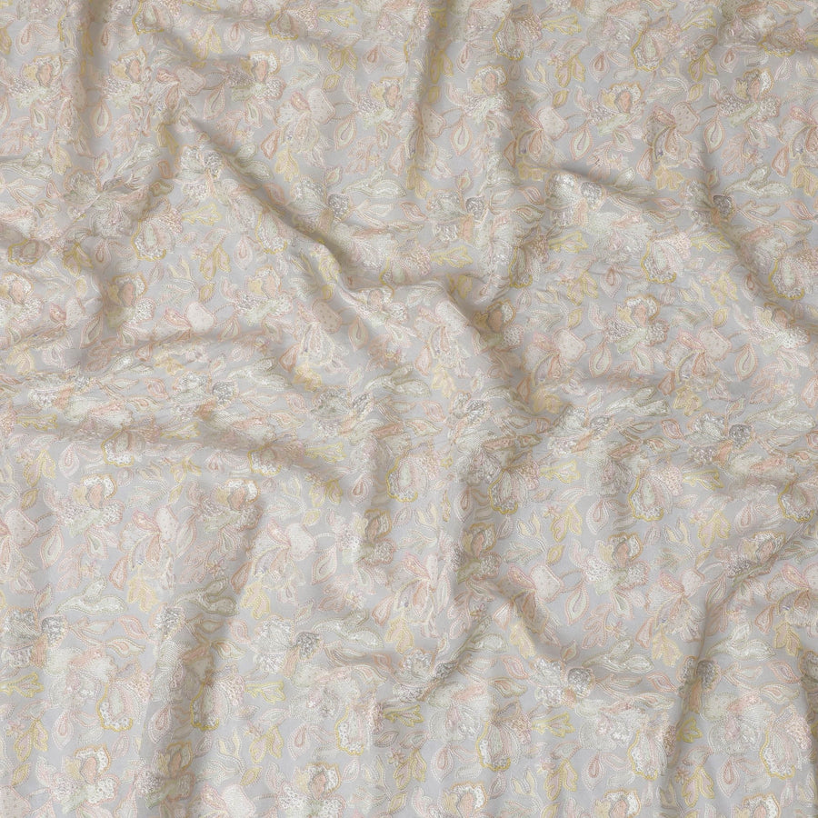 قماش حرير توسار فاخر مطرز باللون الرمادي - بيزلي باستيل، عرض 110 سم، نسيج هندي أصيل -D17689