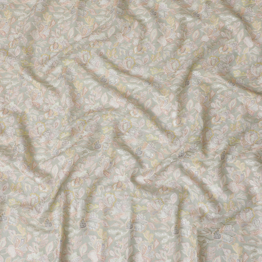 Premium Pastel Mint Embroidered Premium Tussar Silk Fabric - 110cm, Ethereal Floral Elegance, Made in India-D17690