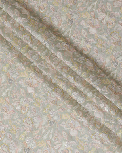 Premium Pastel Mint Embroidered Premium Tussar Silk Fabric - 110cm, Ethereal Floral Elegance, Made in India-D17690