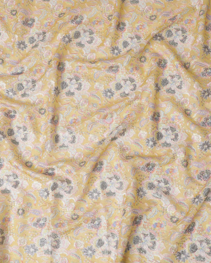 قماش حرير توسار فاخر مطرز من Sunshine Gold - 110 سم، أناقة الأزهار الهندية الغريبة، Luxe Textile-D17692