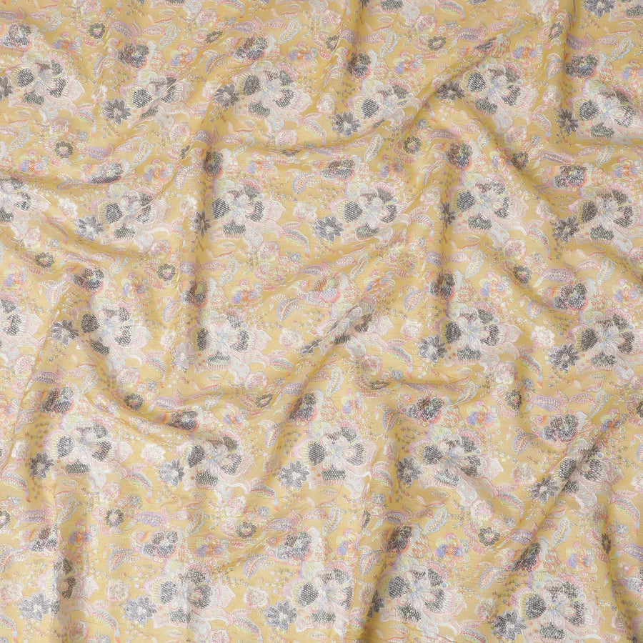 قماش حرير توسار فاخر مطرز من Sunshine Gold - 110 سم، أناقة الأزهار الهندية الغريبة، Luxe Textile-D17692