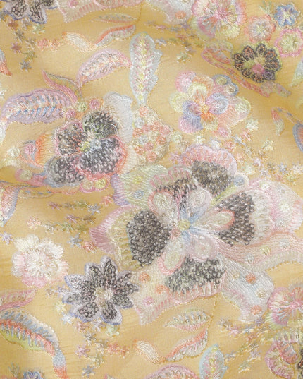 قماش حرير توسار فاخر مطرز من Sunshine Gold - 110 سم، أناقة الأزهار الهندية الغريبة، Luxe Textile-D17692
