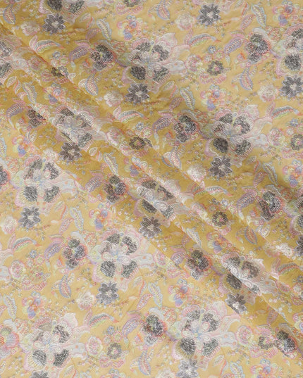 قماش حرير توسار فاخر مطرز من Sunshine Gold - 110 سم، أناقة الأزهار الهندية الغريبة، Luxe Textile-D17692