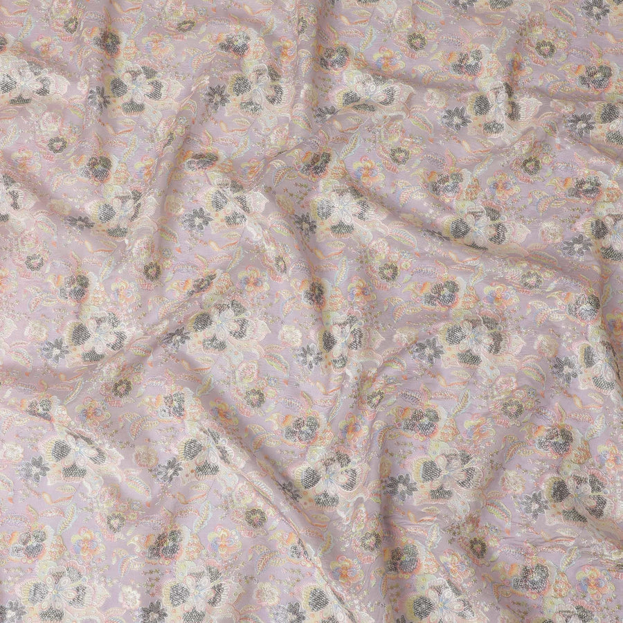 Lavender Mist Embroidered Premium Tussar Silk Fabric - 110cm, Artisanal Indian Floral Design, Premium Quality-D17693