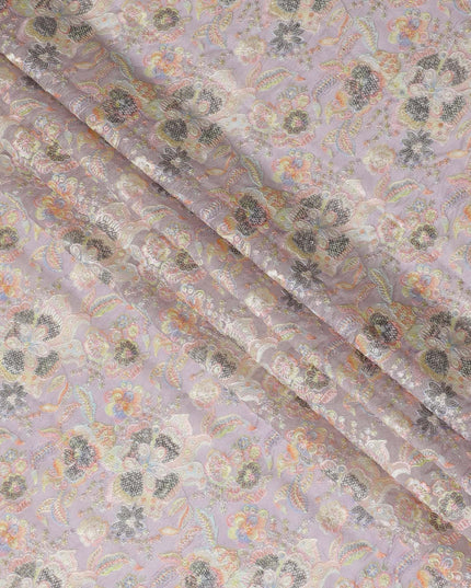 Lavender Mist Embroidered Premium Tussar Silk Fabric - 110cm, Artisanal Indian Floral Design, Premium Quality-D17693