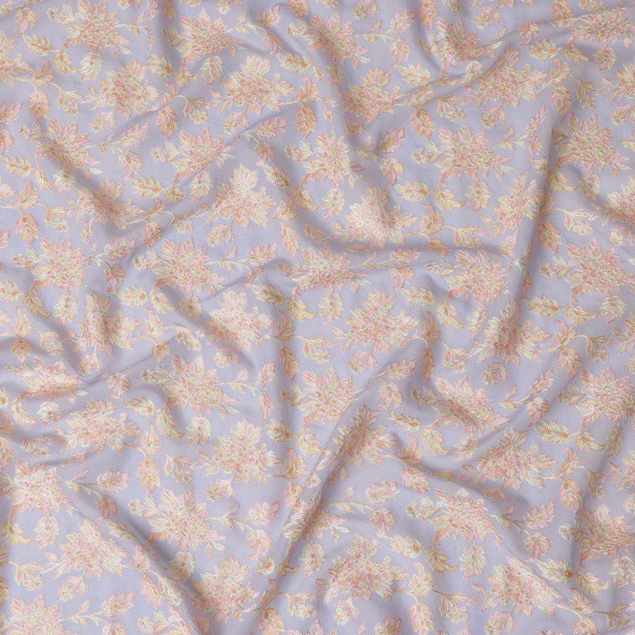 Silver Lilac Embroidered Premium Tussar Silk Fabric - 110cm, Exquisite Indian Craftsmanship, Designer Elegance-D17696