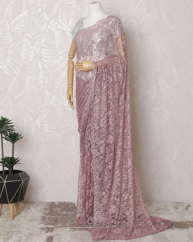 Ethereal Blush Lace Saree with Sparkling Stone Embellishments, French Design, 110cm Wide, 5.5m Length - Blouse Not Included
-D17844 Regal Fabrics
