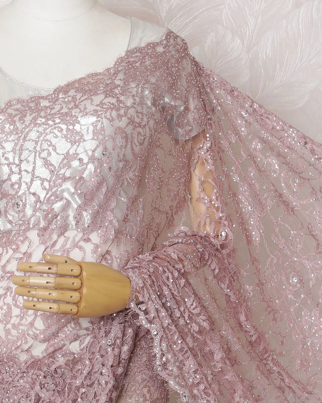 Ethereal Blush Lace Saree with Sparkling Stone Embellishments, French Design, 110cm Wide, 5.5m Length - Blouse Not Included
-D17844 Regal Fabrics
